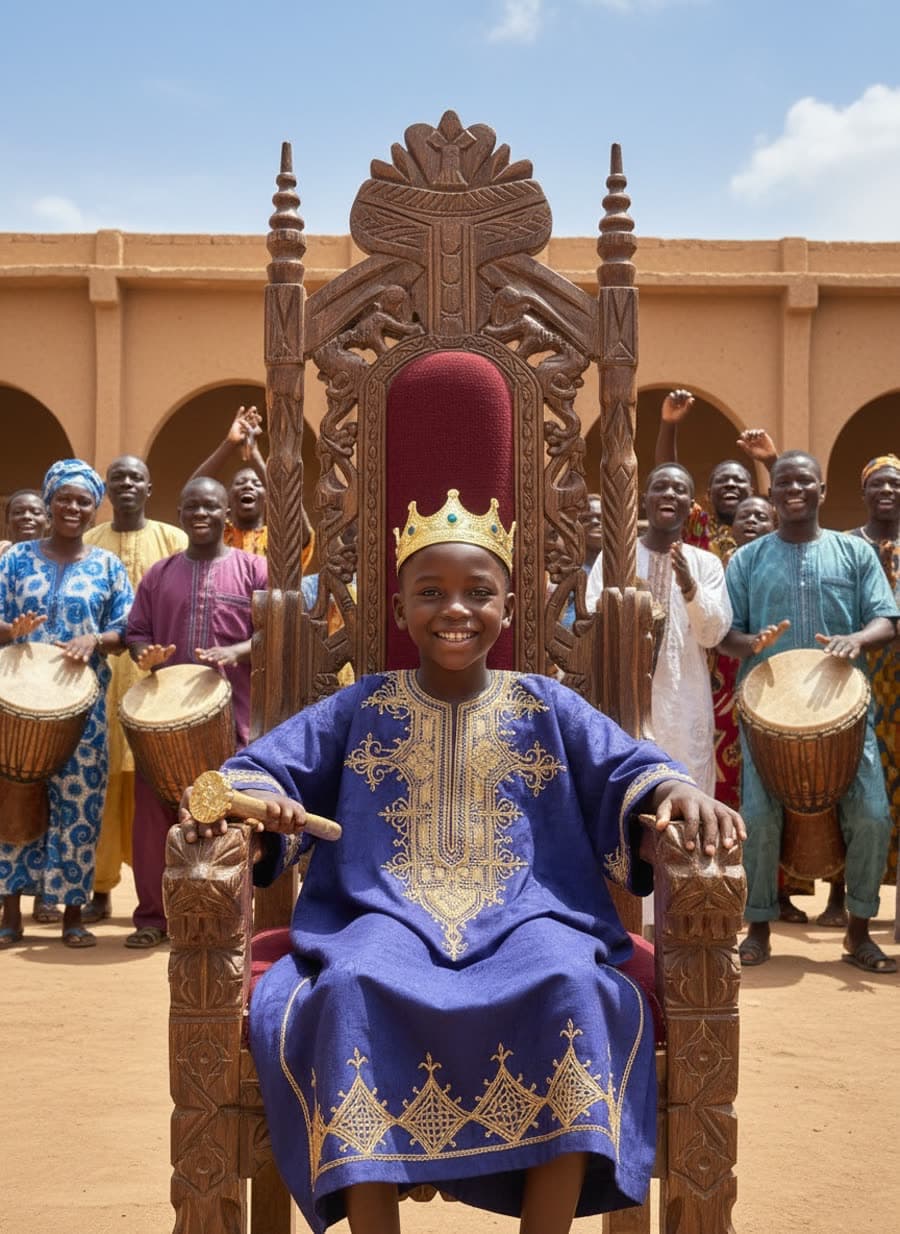 Roi ou reine d’Afrique : Le palais, la tenue royale, la couronne d’or et le peuple qui danse.