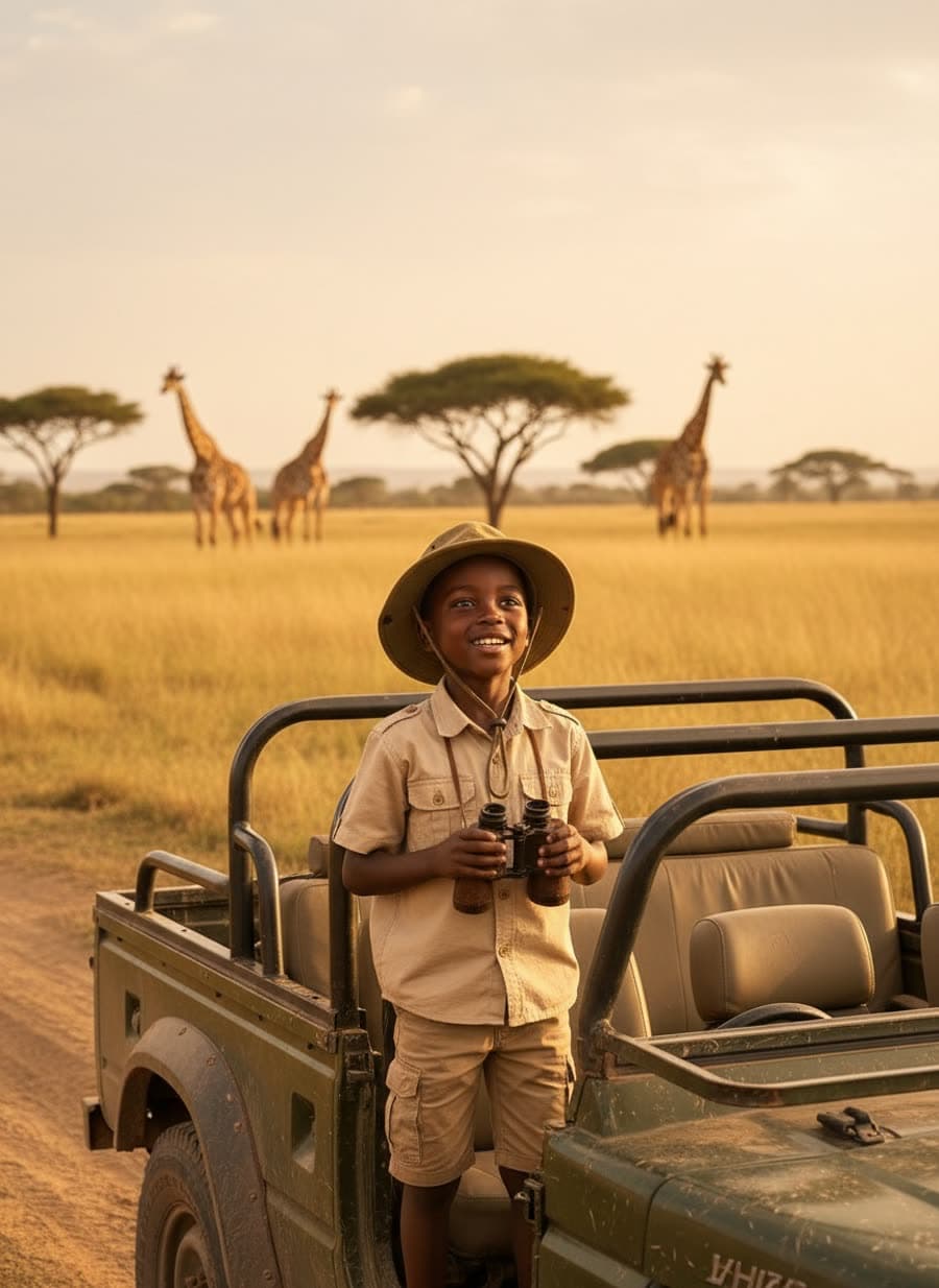 Aventure safari : Explorateur dans la savane, au milieu des girafes et des éléphants.